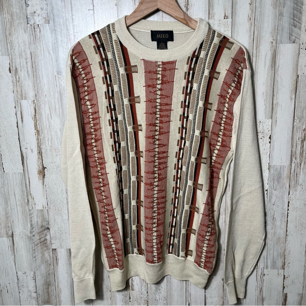 Vintage 90s Coogie Like Earth Tone Grandpa 3D Knit Wool Blend Sweater Mens Large - Picture 5 of 8